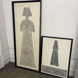 Rare Antique Framed Monumental Brass Rubbings, Medieval Funerary Church Memorials