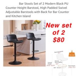 New Bar Stools Set of 2 Modern Black PU Counter Height Barstool, High Padded Swivel Adjustable Barstools with Back for Bar Counter $80