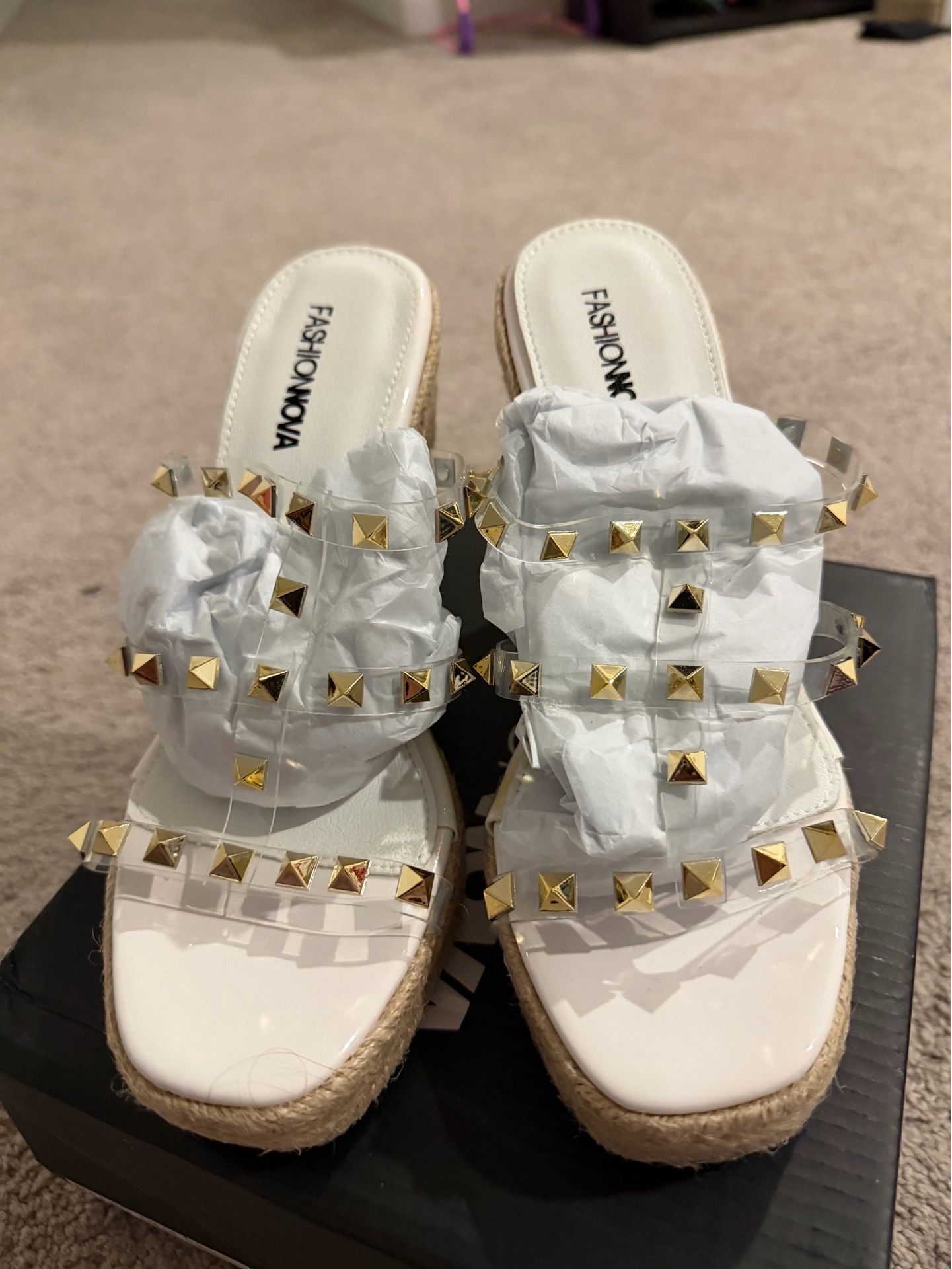Fashion Nova White/ clear with gold studs Wedge Sandal size 7.5