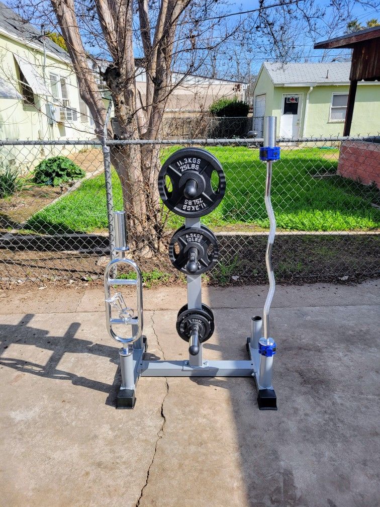 Olympic Weight Plate Rack+Curl Bar+ Cast Plates+Tricep Bar+Clamps NEW