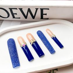 Handmade Nude & Blue Two-tone Press-on Nails with Iridescent Rhinestones and Butterfly Decorations