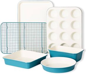 Carote 6-piece ceramic baking pans set - Bakeware Sets Including Cookie Sheets for Baking, Muffin Pan, Bread Pan, Cake pan, Loaf Pan, Roasting Pan, Bl