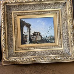 Antique 19th-Century "Capriccio" Oil Painting on Wood Panel