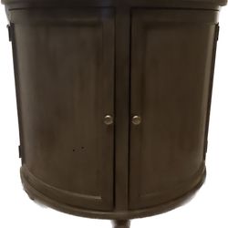 Gray Demilune, half circle storage cabinet with shelves