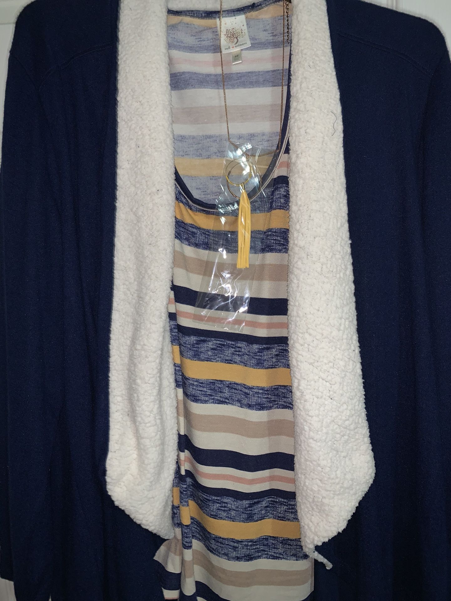Plus Size Very Light Denim Look  Cardigan And Shell Duo W Necklace