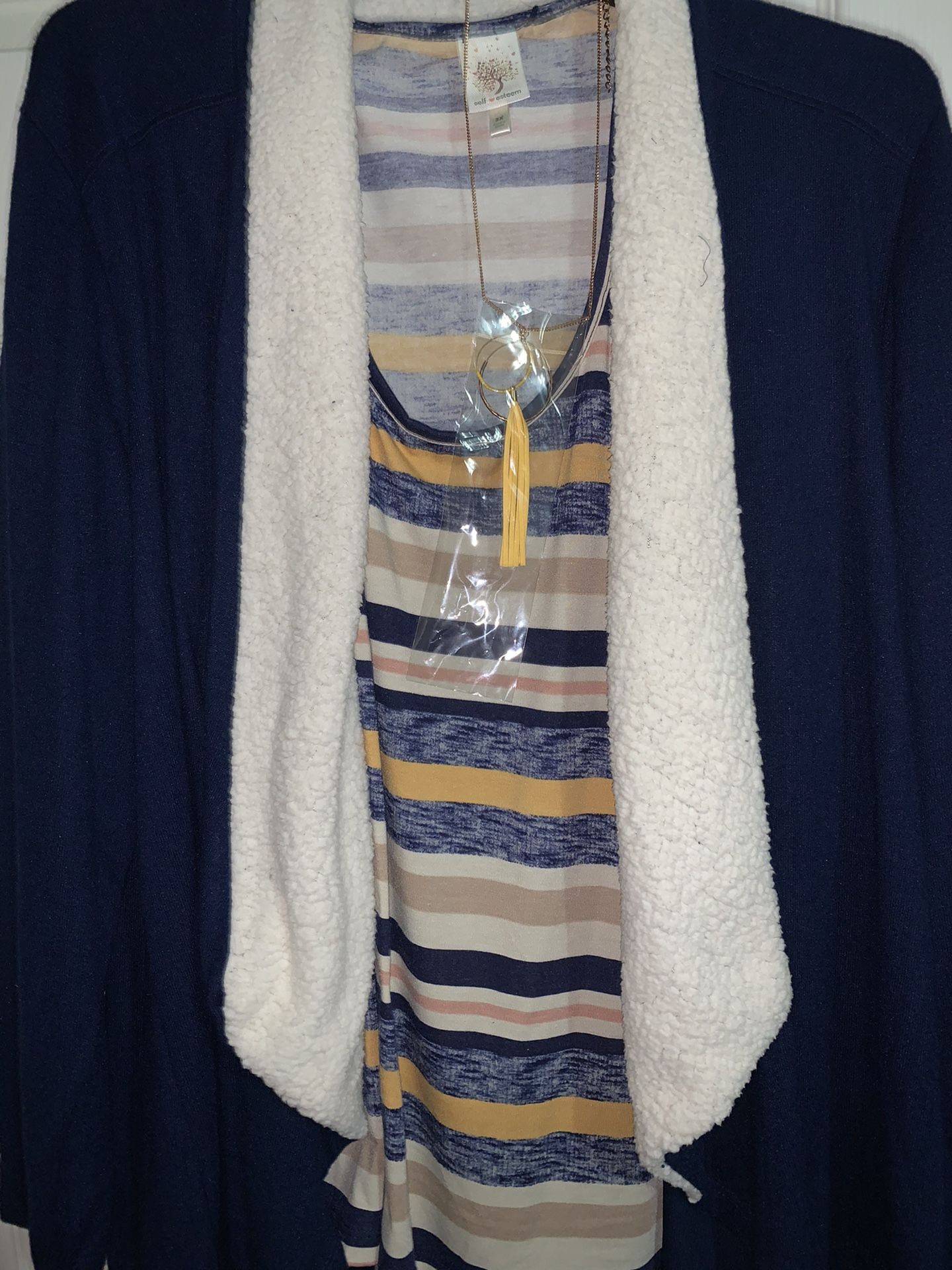 Plus Size Very Light Denim Look Cardigan And Shell Duo W Necklace