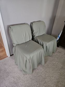 Set of 2 Dining Chairs with Sage Green Slipcovers