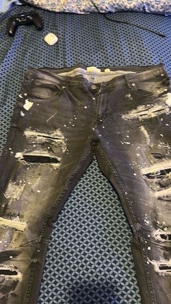 Black Distressed Ripped Jeans with Paint Splatter