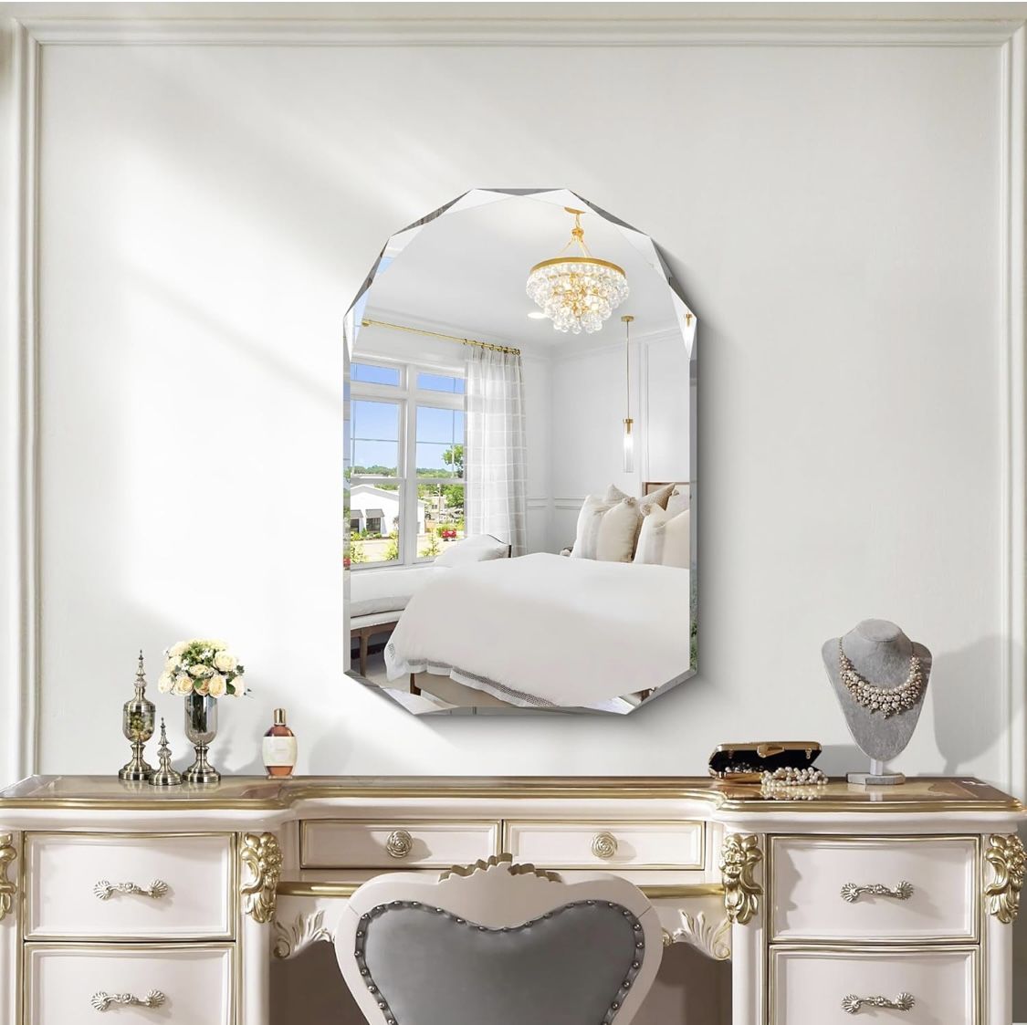 20”X28”Frameless Mirror, Arched Mirror with Diamond Shaped Beveled Edge,Unframed Vanity Mirror with Upgraded Shatterproof Glass,Unique Frameless Mirro