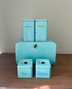 Vintage Turquoise Metal Kitchen Canister Set + Bread Box (Mid-Century Style)