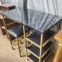 Counter Height Metal Table Set with Faux Marble Top - Gold Finish Base and Black Faux Marble op(New)