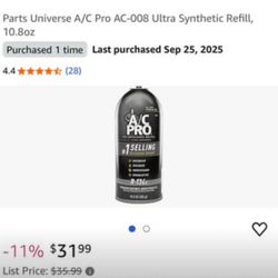 Parts Universe A/C Pro AC-008 Ultra Synthetic Refill,