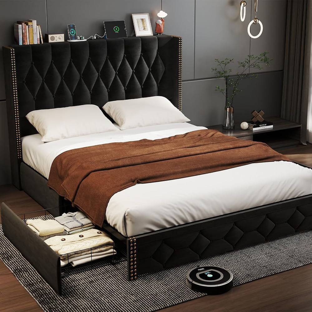 Queen Size Bed Frame with 2 Storage Drawers and Wingback Headboard, Velvet Upholstered Platform Bed Frame with Charging Station, Black