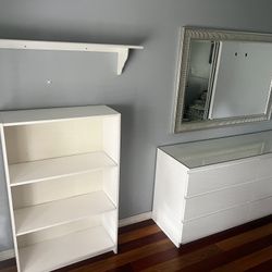 All White Dresser with glass Top. INCLUDING Mirror, Storage Shelves, And Wall Shelf. 