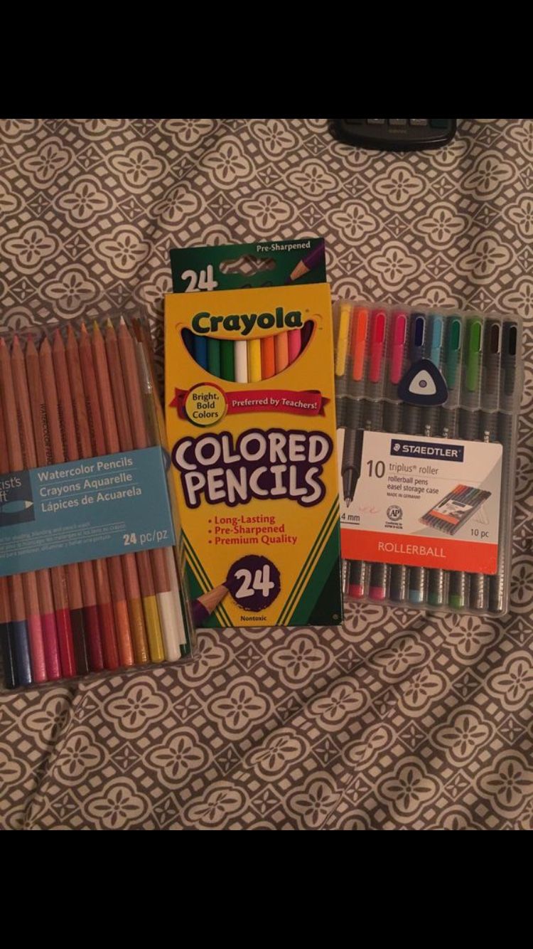 Art Supplies- colored pencils, watercolors, pens, and pencil case