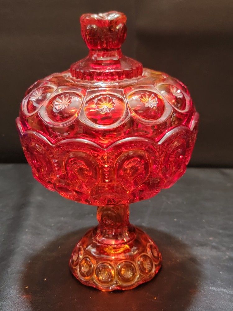 Stunning LARGE Amberina L.E. Smith Moon And Stars Covered Candy Dish - Vintage Glassware Collectible