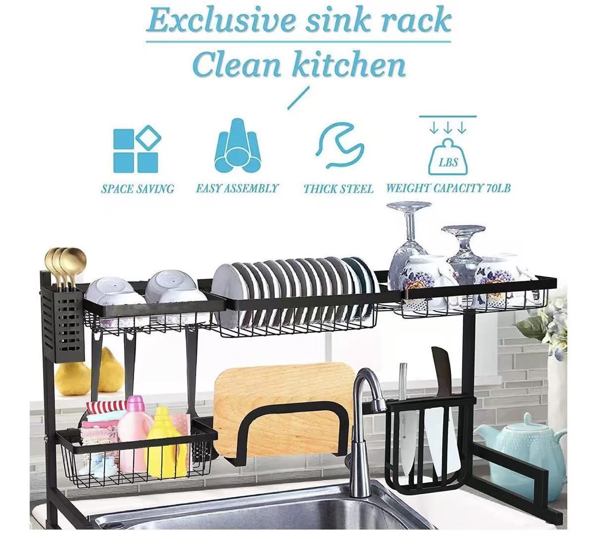 Over The Sink Dish Drying Rack Stainless Steel Kitchen Supplies Storage Shelf Drainer Organizer, 35" x 12.2" x 20.4"