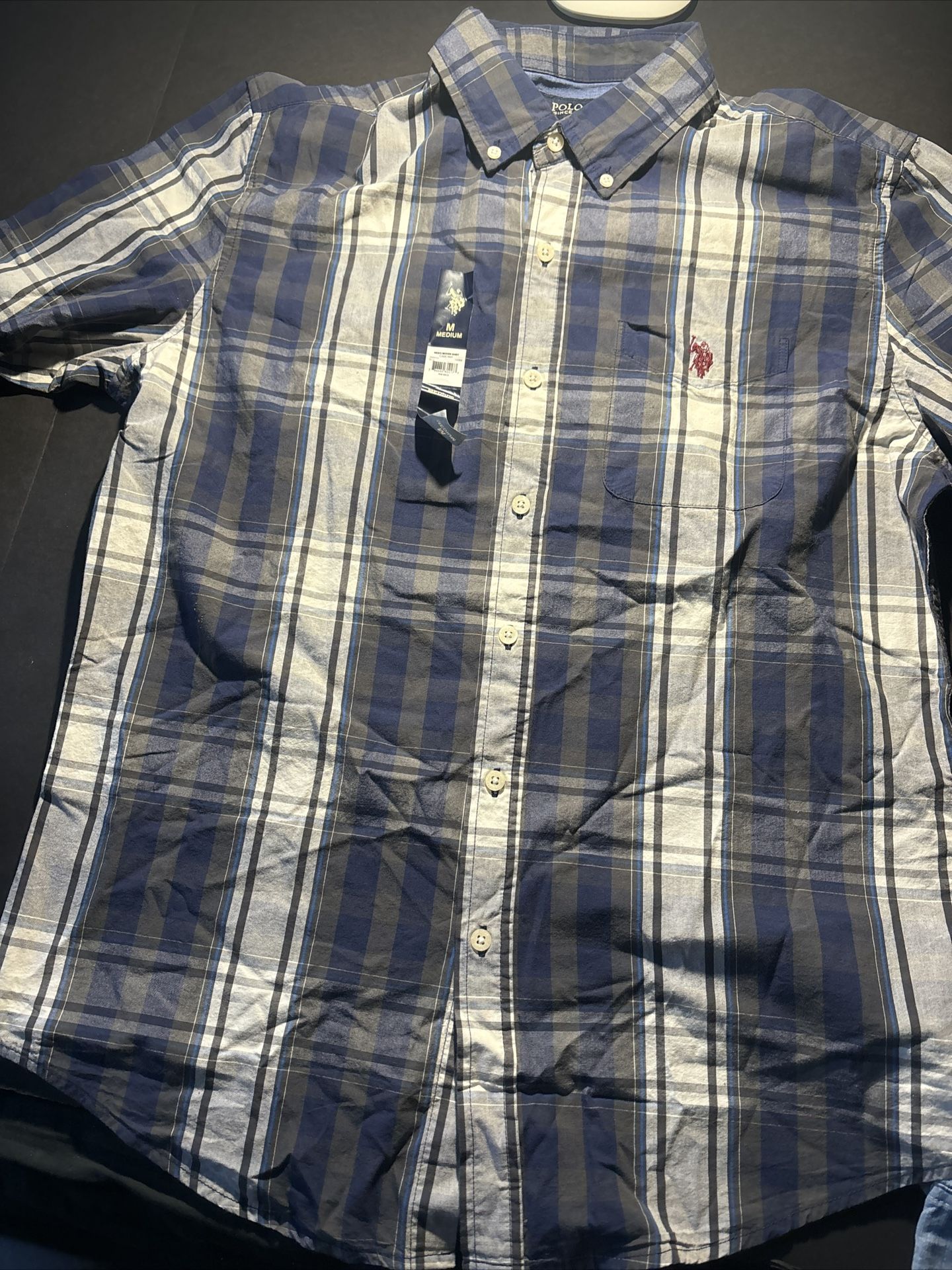 U.S. Polo AssnMens Plaid Classic Navy Medium Long Sleeve Button-Down Woven Shirt With Tags