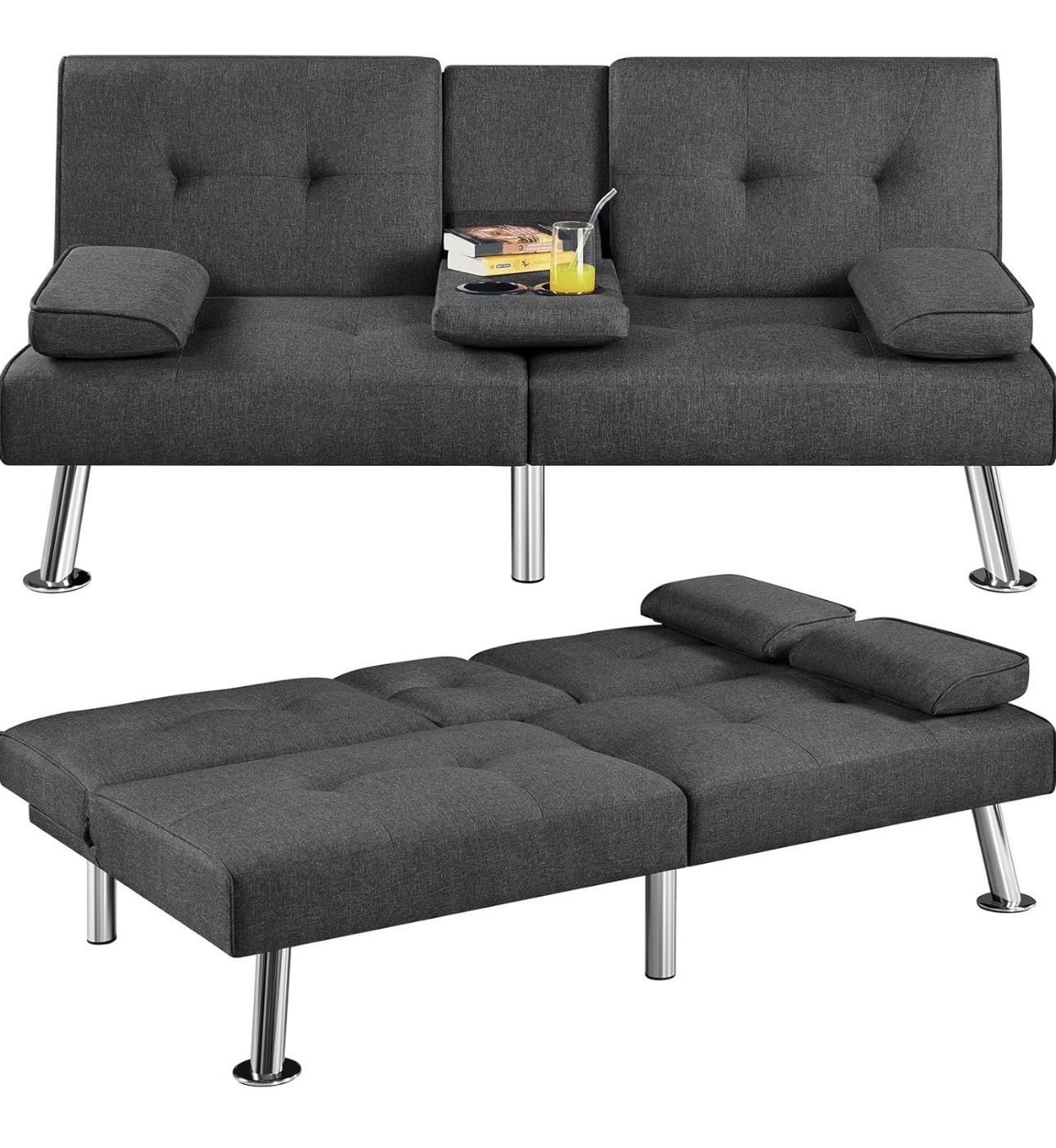Dark Gray Convertible Sofa Bed Adjustable Fabric Couch Sleeper Modern Recliner Reversible