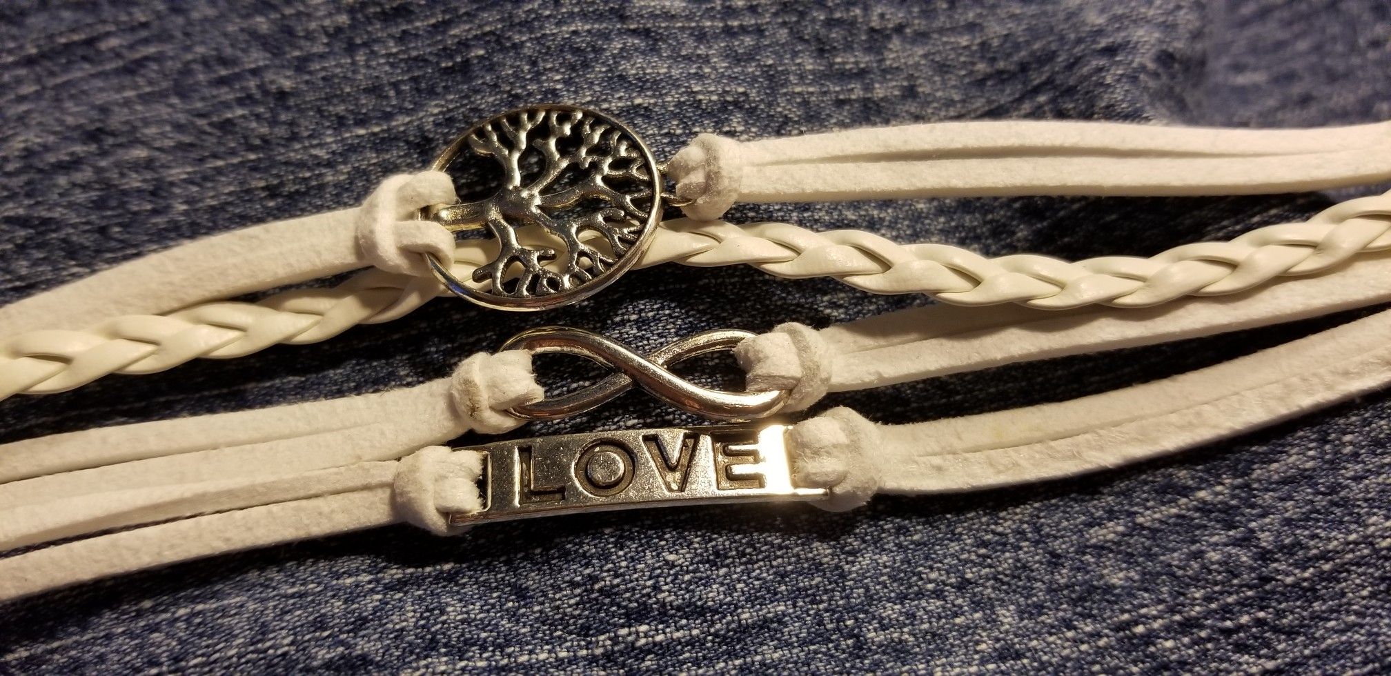 White Leather Silver Color Charms Bracelet