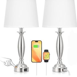 2 Touch Control Bedside Table Lamp, USB Port, 3 Way Dimmable Nightstand (White Shade, Nickel Base)