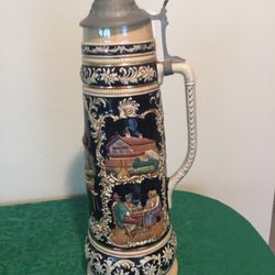 Vintage very very tall German stein pewter top 21 inches tall brilliant colors