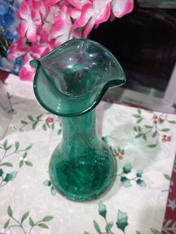 Green Crackle Glass Vase 6 Inch Tall