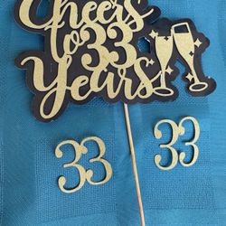 Cheers To 33 Years Gold Glitter Cake Topper 