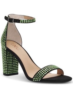 INC Black Block Heel Sandals with Green Rhinestones