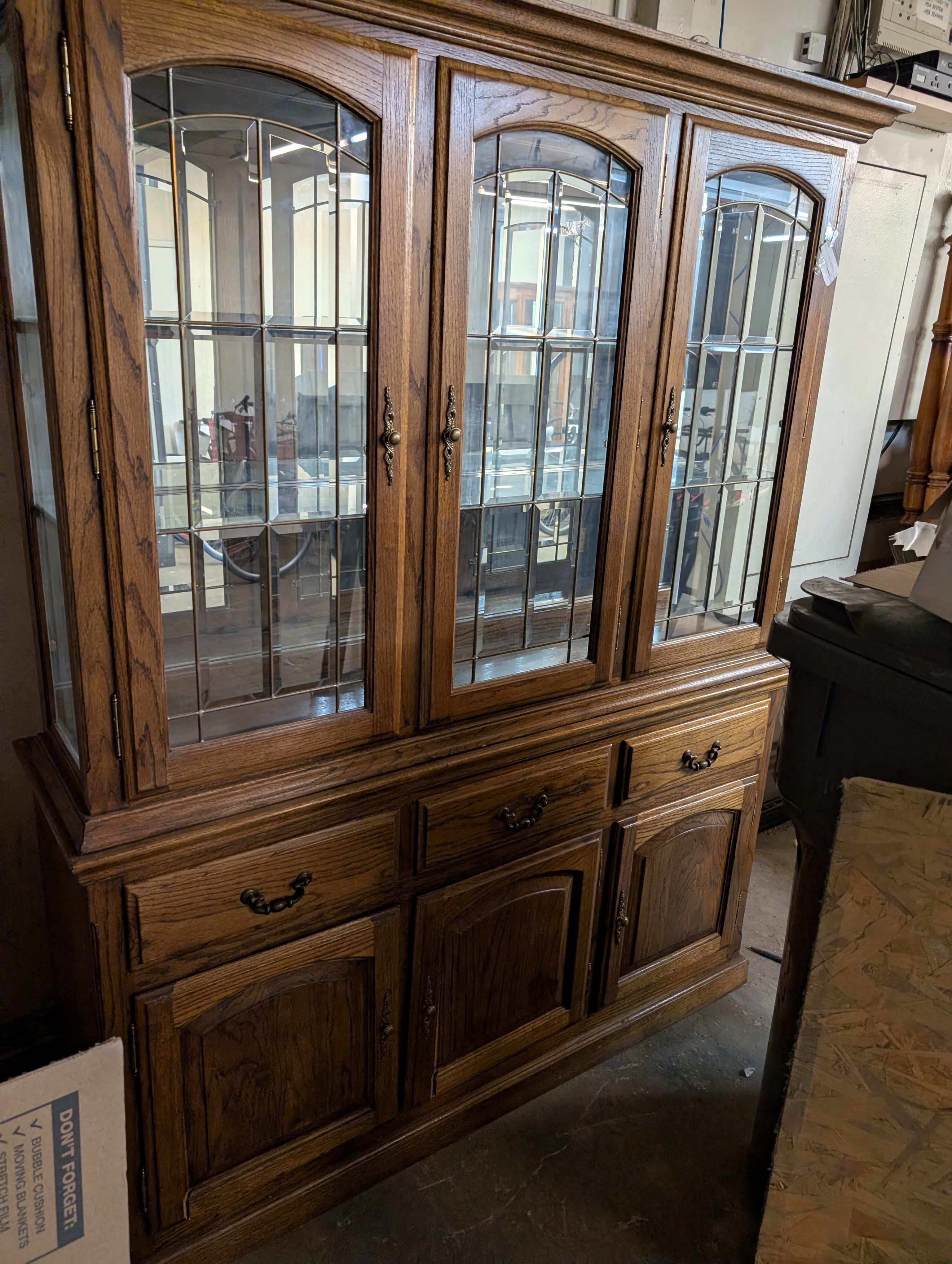 Vintage Oak Glass Door China Cabinet Display Hutch Storage Furniture