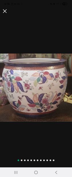 12" x 16"   Vintage Porcelain Chinese Tobacco Leaf Design Fish Bowl Planter 