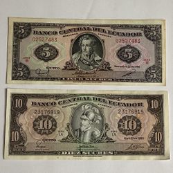 Ecuador 5 , 10 Sucres Old Notes - Old Money / Billetes De Ecuador