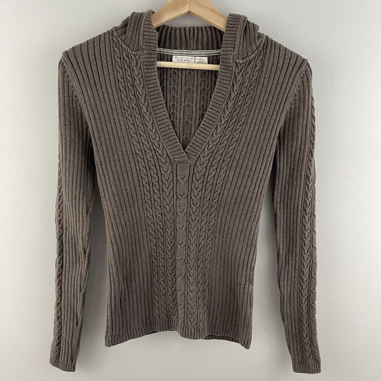 OLD NAVY Y2K Brown V Neck Bella Swan Elena Gilbert Fitted Stretch Sweater Hoodie