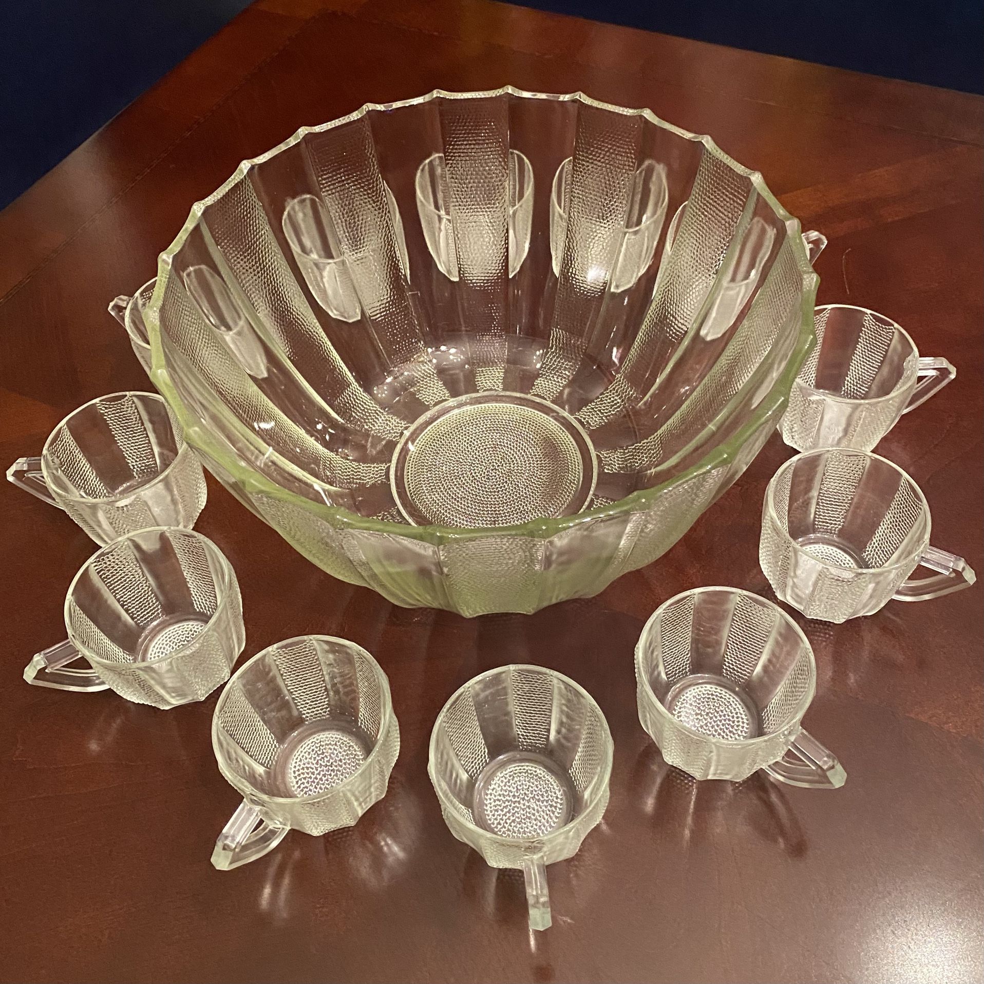 Vintage Jeannette Glass “Dewdrop” Punch Bowl Set – 13 Pieces