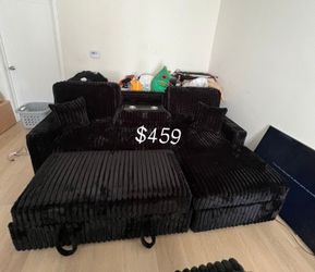 2-pc sectional sofa sleeper, pull out bed & storage black Fur-Like Jumbo Corduroy