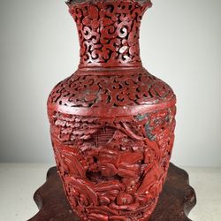 Chinese Antique Carved Red Lacquer Vase 