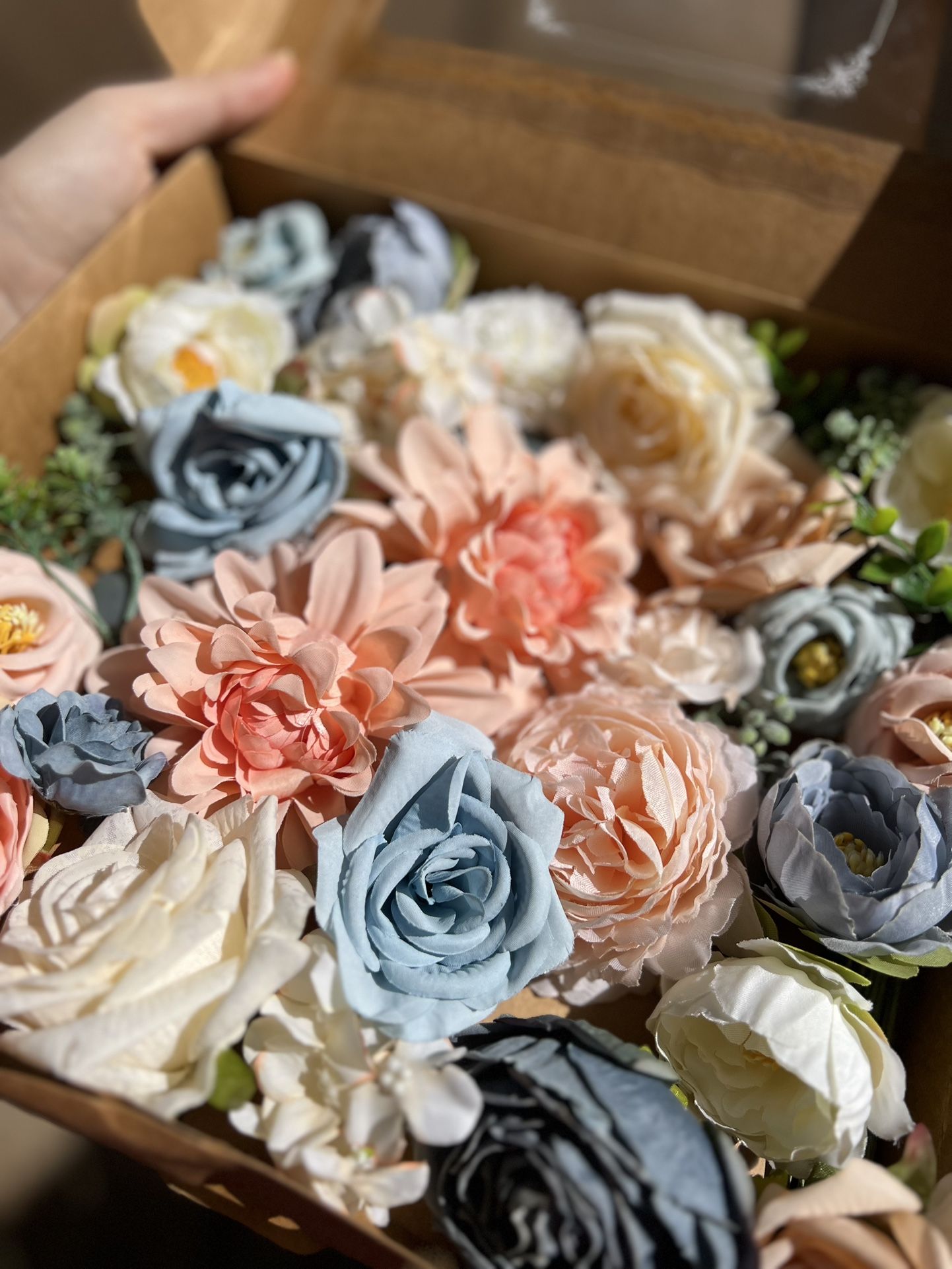 a Box Of Multicolor Blue Peachy Pink Ivory Artificial Flowers Roses Peonies Dahlias for Wedding DIY, Baby Shower, Bridal Shower, Birthday
