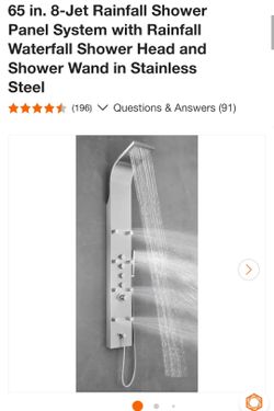65 in. 8-Jet Rainfall Shower Panel System with Rainfall Waterfall Shower Head and Shower Wand in Stainless Steel