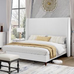 King Bed Frame with 51.2" Tall Wingback Headboard,Line Upholstered Platform Bed,Solid Wood Legs,No Box Spring Needed,Noise-Free&Easy Assembly,for Mast
