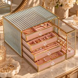Glass and Gold Jewelry Organizer Box with Drawers