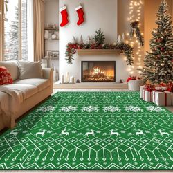 Alfombra de Navidad lavable de 8 x 10 pulgadas, tapete de Navidad de copo de nieve verde, antideslizante, suave de pelo bajo, alfombra de Navidad para