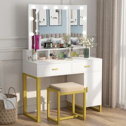 Makeup Vanity with Lights, Makeup Vanity Desk with Tri-Fold Mirror, Dresser Table with 2 Drawer and Storage Cabinet