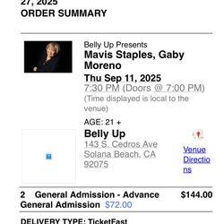 2 Tickets For Mavis Staples At Belly Up 