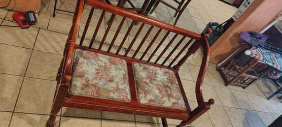 1970 Vintage Spindle Back Settee: Floral Upholstered Entryway Bench