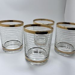 Vintage  Georges Briard Style Gold Trimmed And White Striped Glass Set Of 4