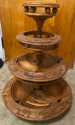 Vintage Hand Carved Wood Monkey Pod 3-Tiered Lazy Susan
