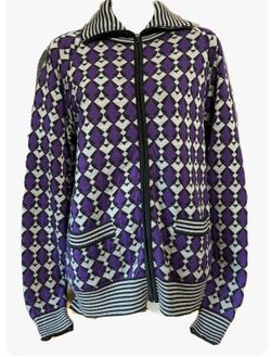 Chanel Zip Front Cardigan Sweater Size 38 Geometric Pattern Gray and Purple