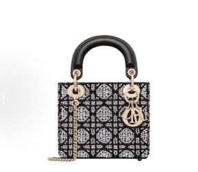 Dior Lady Dior brand logo rattan plaid embroidery beaded silver rhinestone cotton one-shoulder handbag mini women's black(29)97