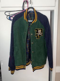 Polo Ralph Lauren Men's Green Navy Varsity Jacket Skull Patch Striped Cuffs