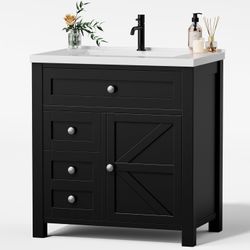 Bathroom Vanity with Single Sink Combo, Freestanding Modern Bathroom Sink Cabinet, 2 Drawers & 1 Flip-Down Drawer＆1 Door with Side Storage (Black) $19